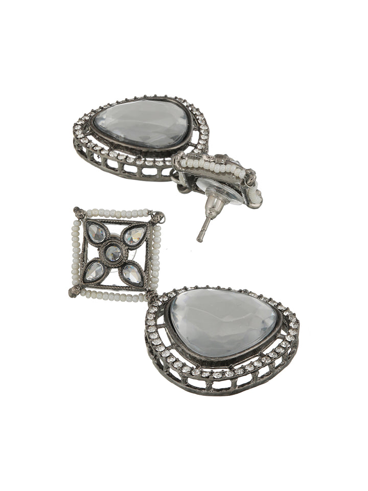 Floral AD Studded Silver-Plated Drop Earrings
