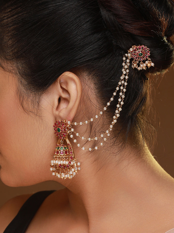Floral Kemp Stone Jhumka Earrings with Multilayer Pearl Chain