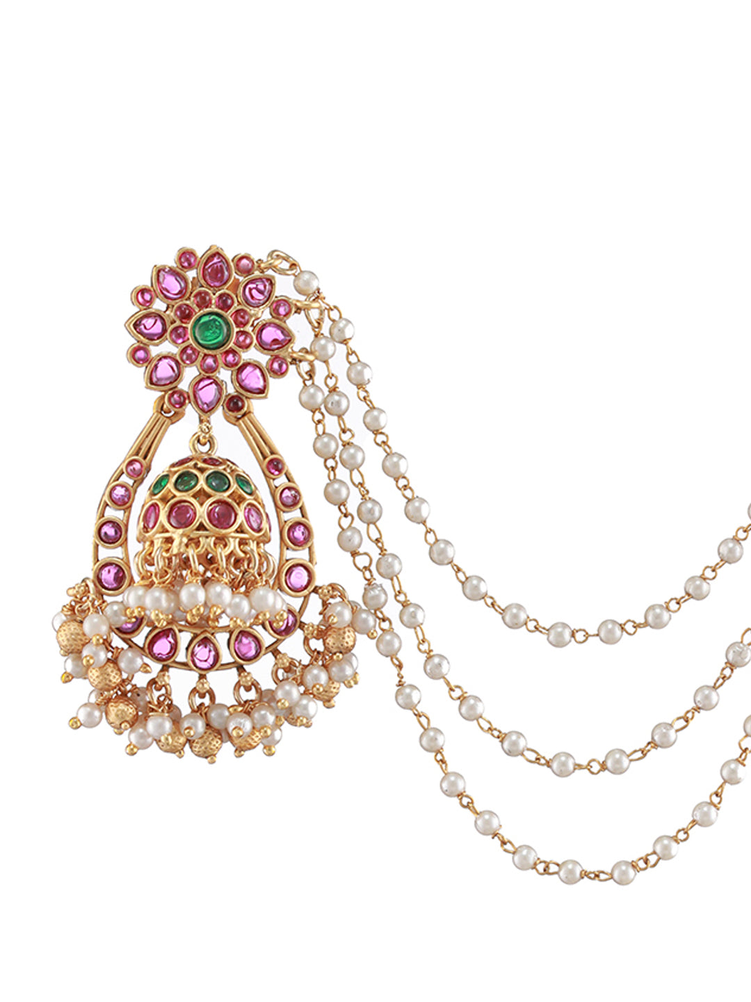 Floral Kemp Stone Jhumka Earrings with Multilayer Pearl Chain
