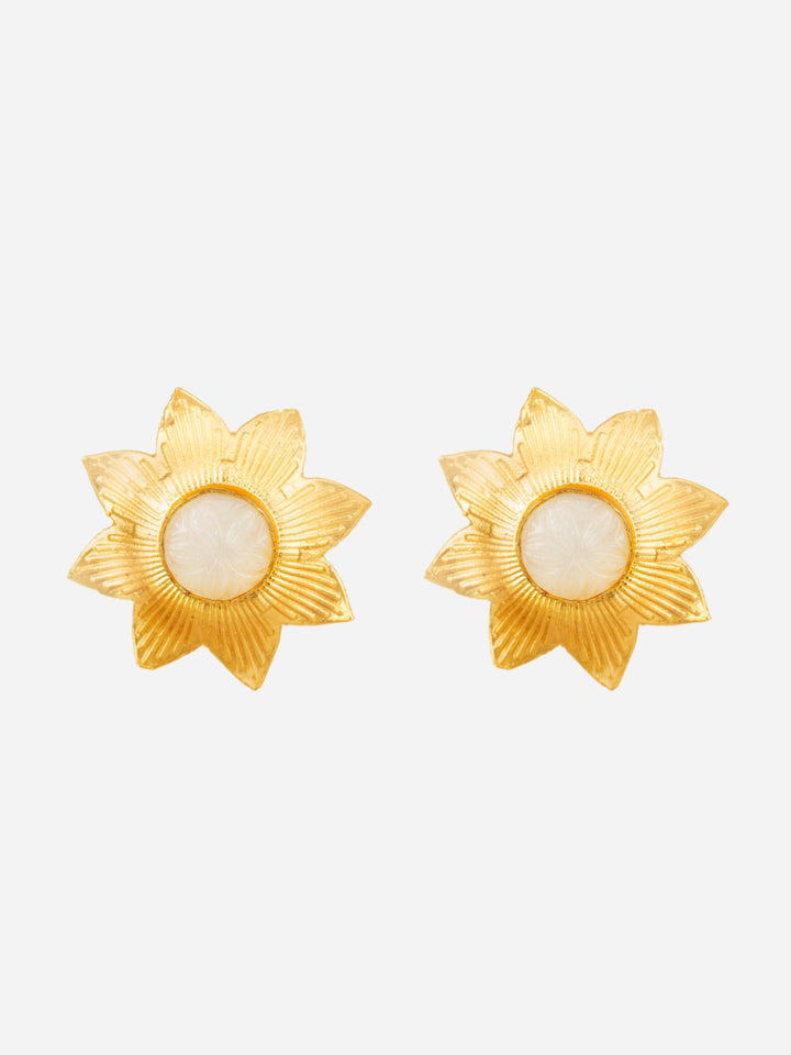 Golden Flower White Stone Studded Gold-Plated Earrings