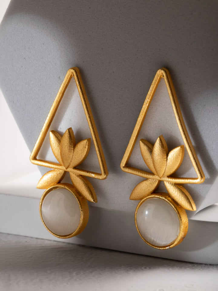 White Stone Studded Floral Gold-Plated Drop Earrings