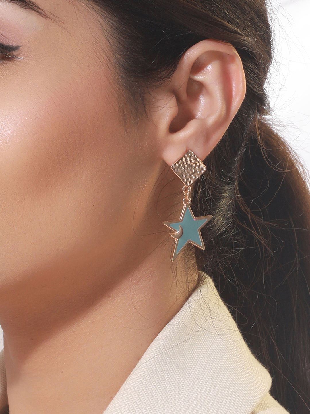 Textured Box Blue Star Drop Rose Gold-Plated Earrings