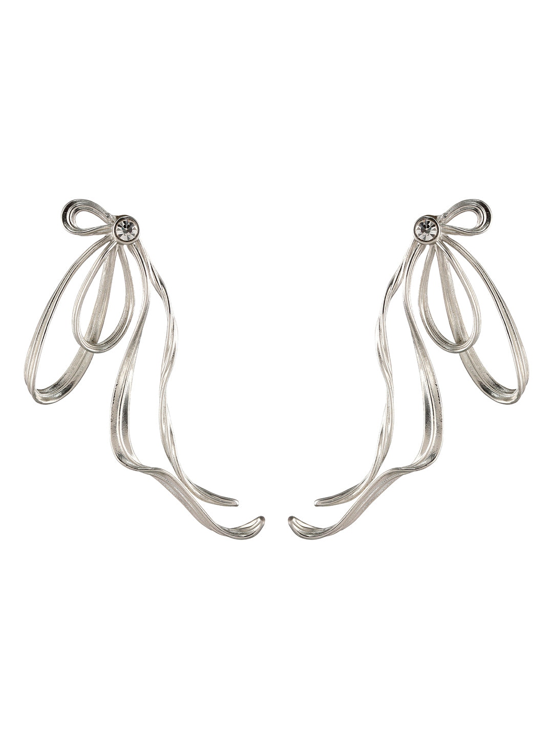 Studded Wired Bow Silver-Plated Drop Earrings