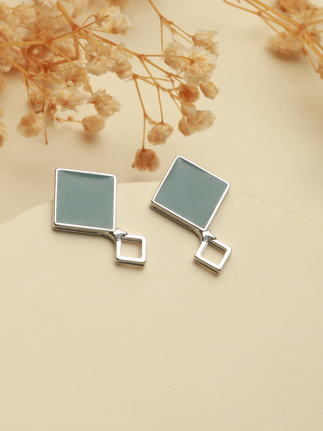 Blue Geometric Silver Toned Rose Gold-Plated Earrings