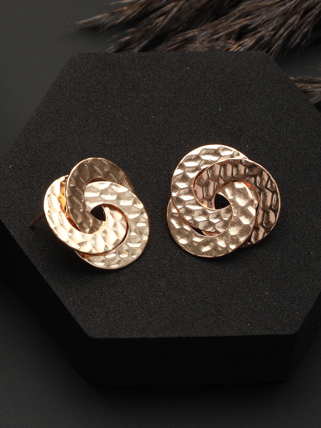 Textured Tri-Rings Rose Gold-Plated Stud Earrings