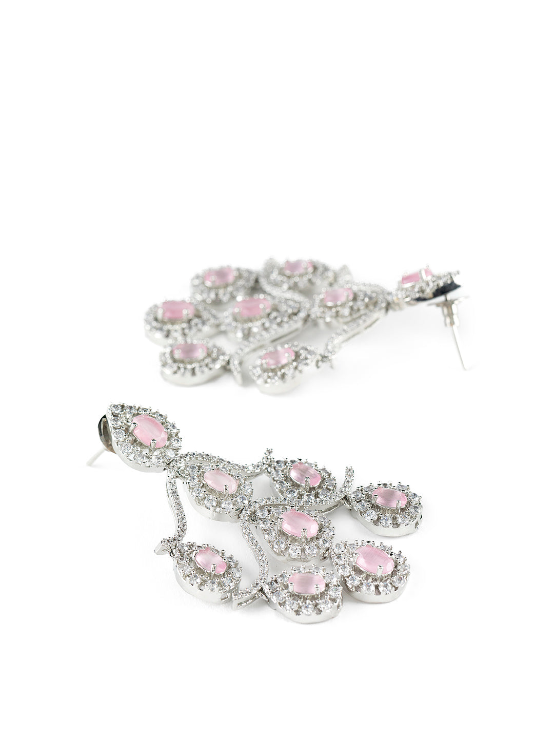 Pink Leaves AD Studded Silver-Plated Drop Earrings