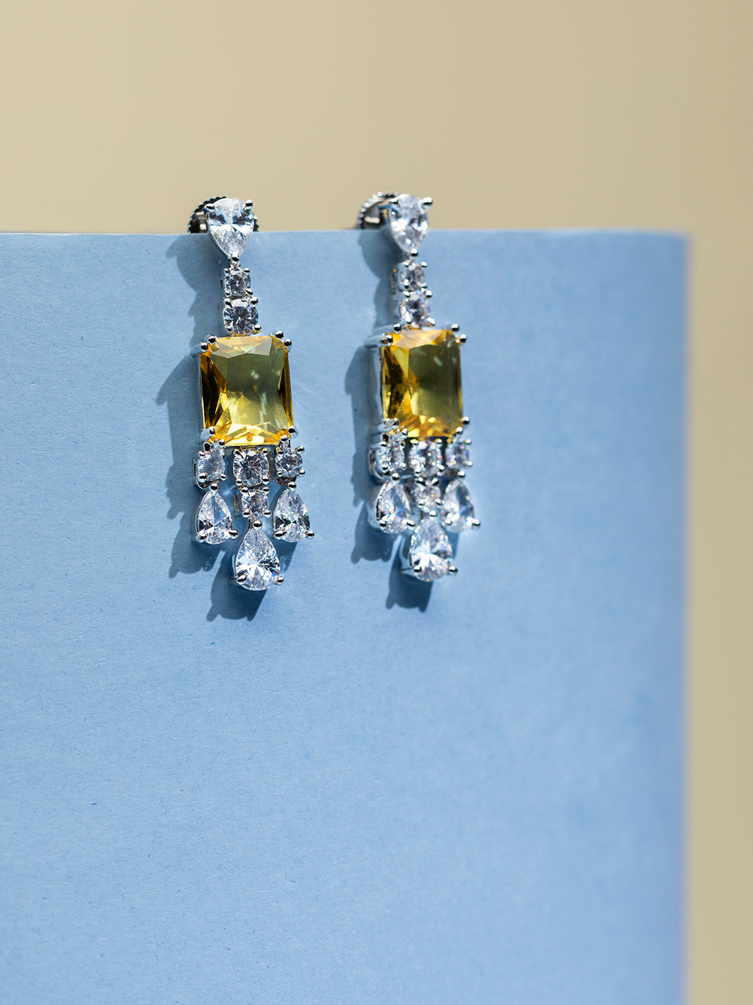 Geometric Yellow Stone AD Studded Silver-Plated Drop Earrings