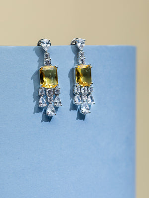 Geometric Yellow Stone AD Studded Silver-Plated Drop Earrings