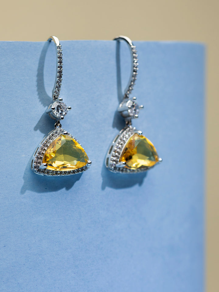 Triangular Yellow Stone AD Studded Silver-Plated Drop Earrings