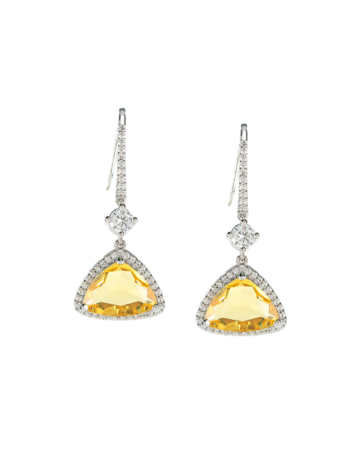 Triangular Yellow Stone AD Studded Silver-Plated Drop Earrings