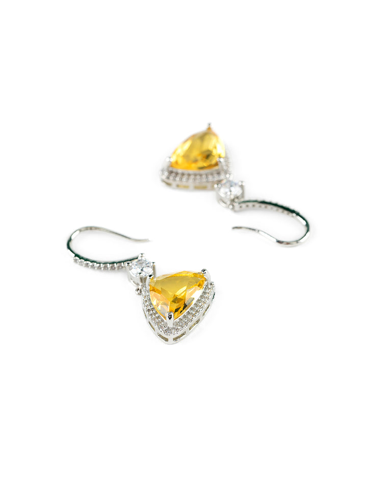 Triangular Yellow Stone AD Studded Silver-Plated Drop Earrings