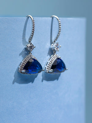 Triangular Blue Stone AD Studded Silver-Plated Drop Earrings