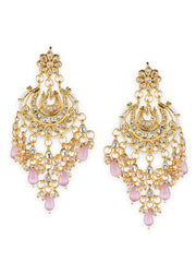 Pink Floral Kundan Pearl Gold-Plated Chandbali Earrings