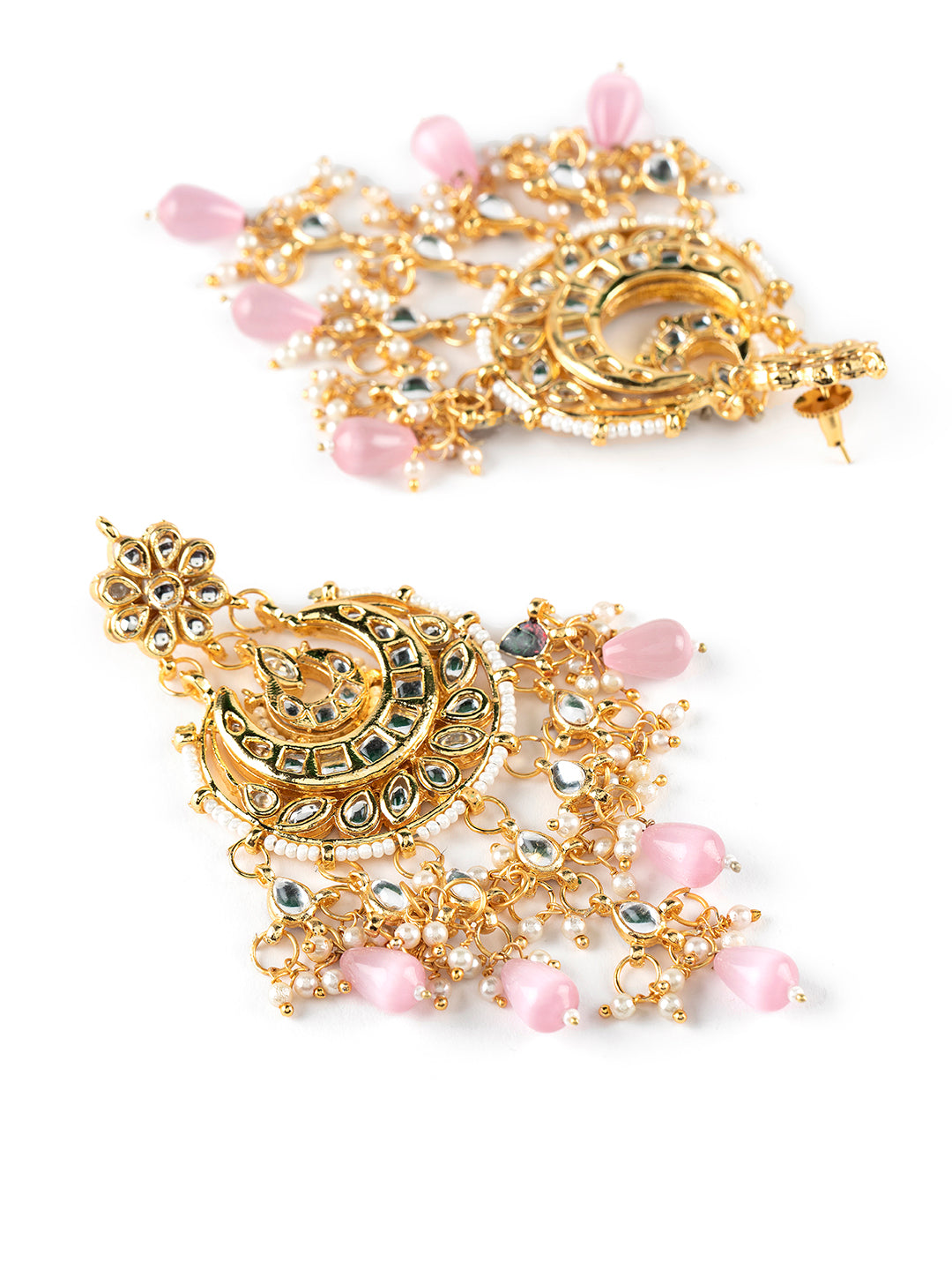 Pink Floral Kundan Pearl Gold-Plated Chandbali Earrings
