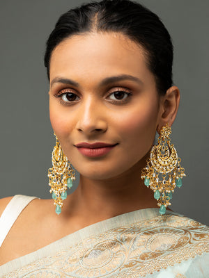 Sky Blue Floral Kundan Pearl Gold-Plated Chandbali Earrings