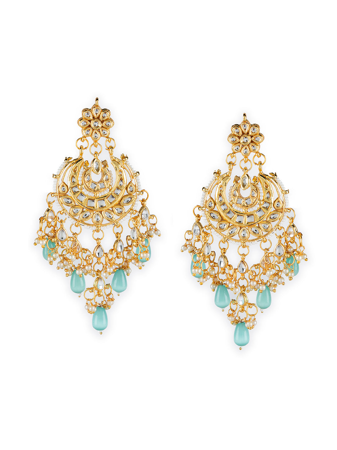Sky Blue Floral Kundan Pearl Gold-Plated Chandbali Earrings