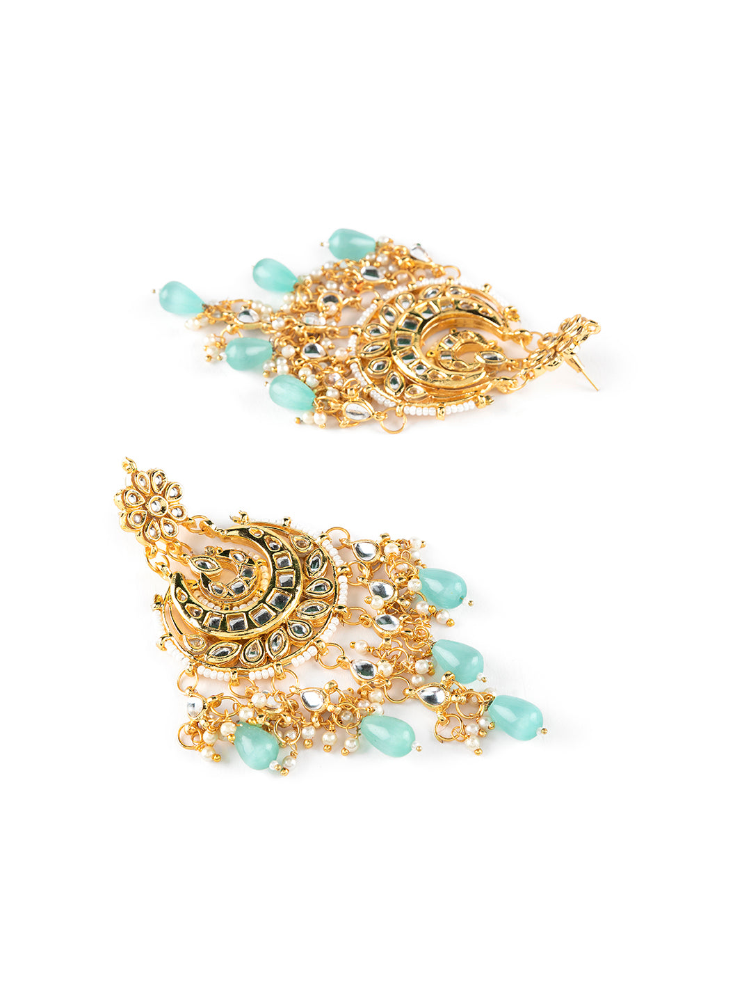Sky Blue Floral Kundan Pearl Gold-Plated Chandbali Earrings