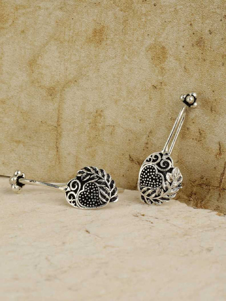 Antique Oxidised Silver-Toned Heart And Leaves Design Clip-On Ear Cuff