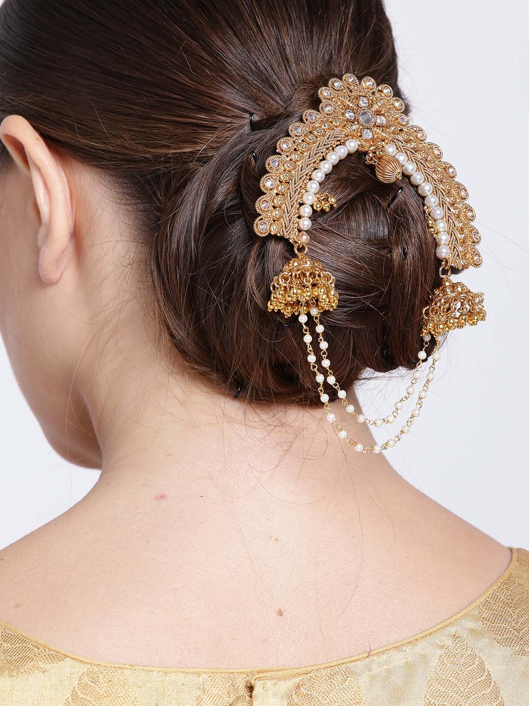 Elegant Pearl Polki Gold Plated Bun Pin/Hair Accessory