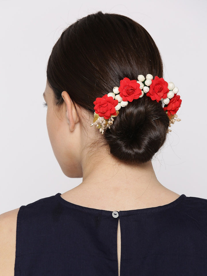 Handcrafted Red Rose And Mogra Bun Hair Accessory