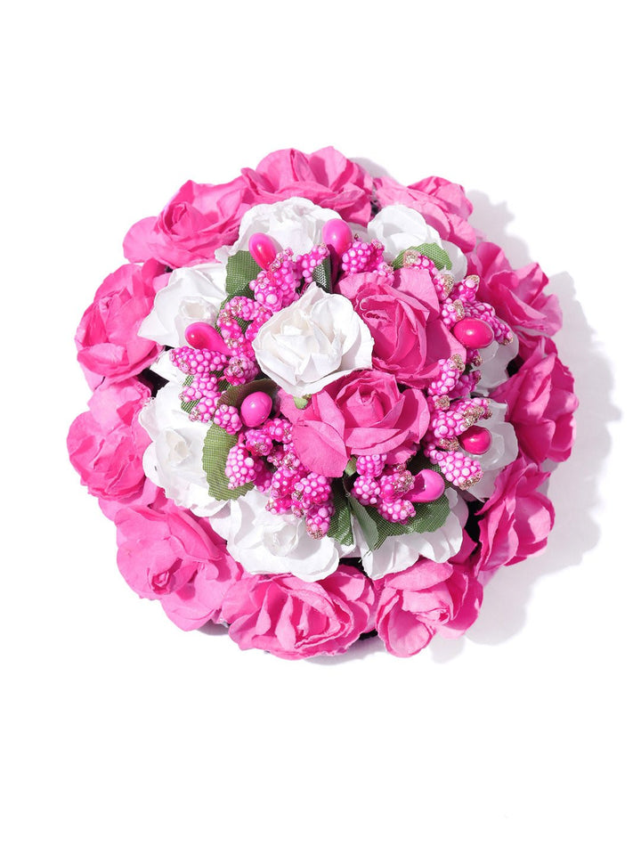 Artificial Pink And White Rose Flower Handcrafted Bun Maker Hair Accessories