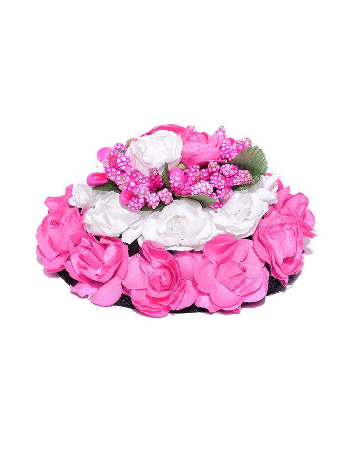 Artificial Pink And White Rose Flower Handcrafted Bun Maker Hair Accessories
