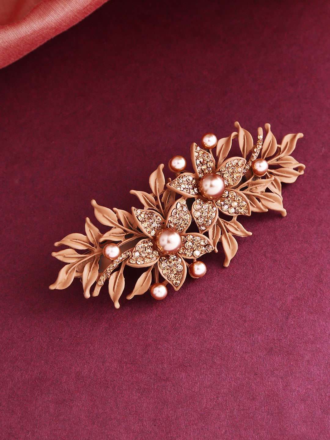 Matte Finish Stones And Pearls Studded Floral Brown Hair Clip