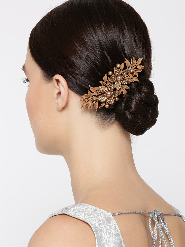 Matte Finish Stones And Pearls Studded Floral Brown Hair Clip