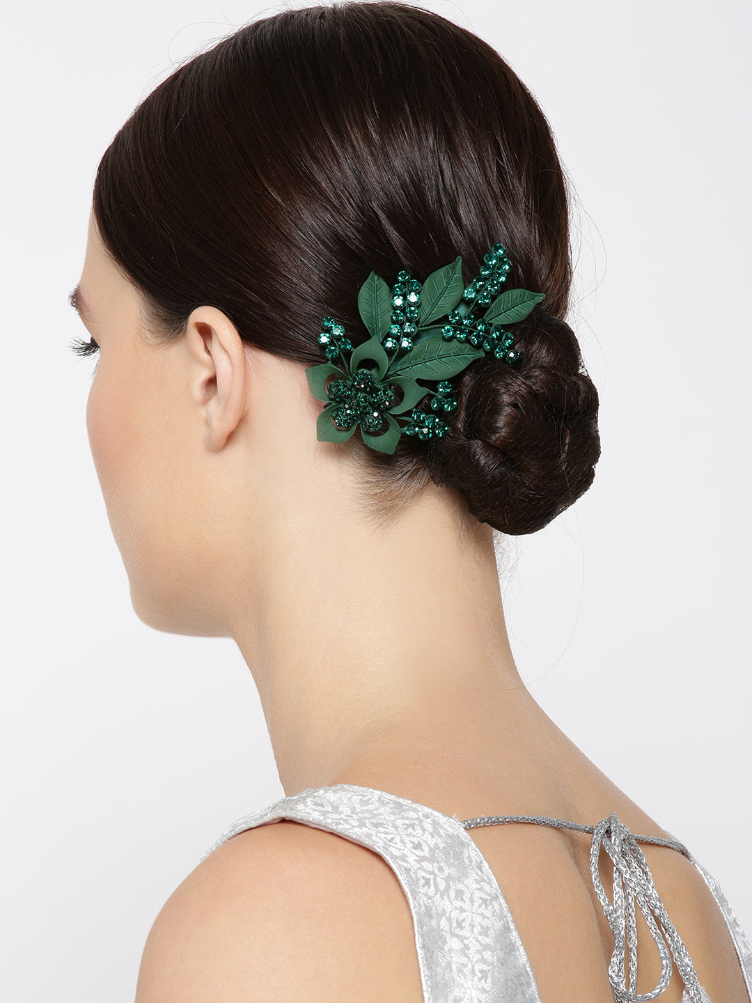 Matte Finish Stones Studded Floral And Leaf Dark Green Hair Clip