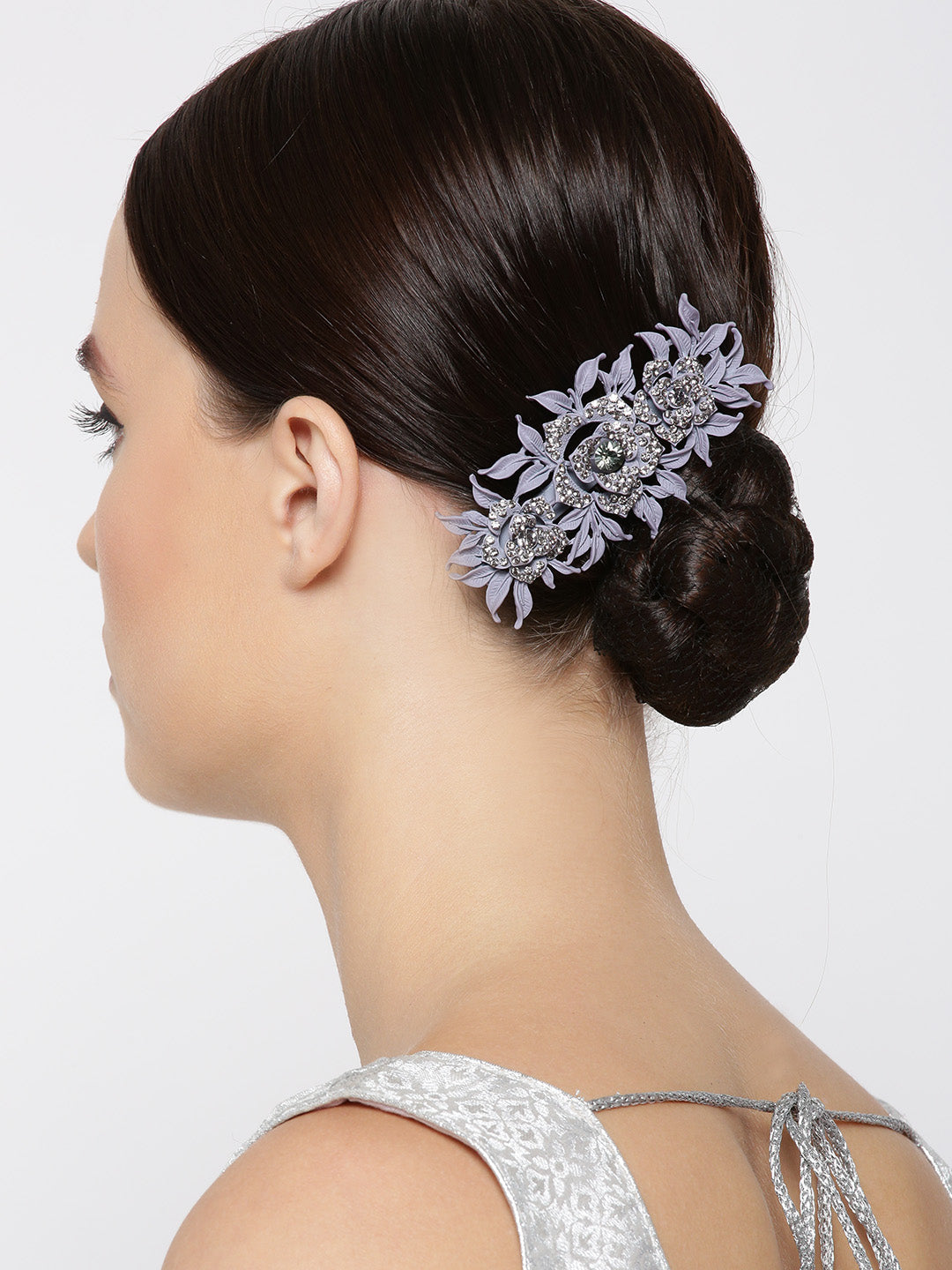 Matte Finish Stones Studded Floral And Leaf Lavender Colour Hair Clip