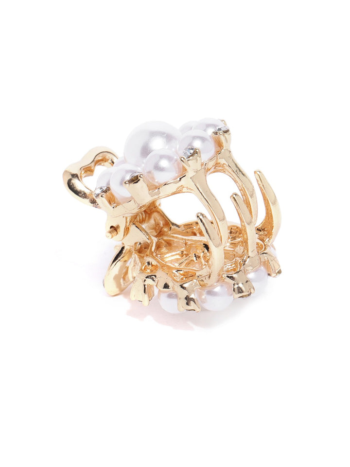 Gold-Plated Off-White Beaded Handcrafted Claw Hair Clip For Women