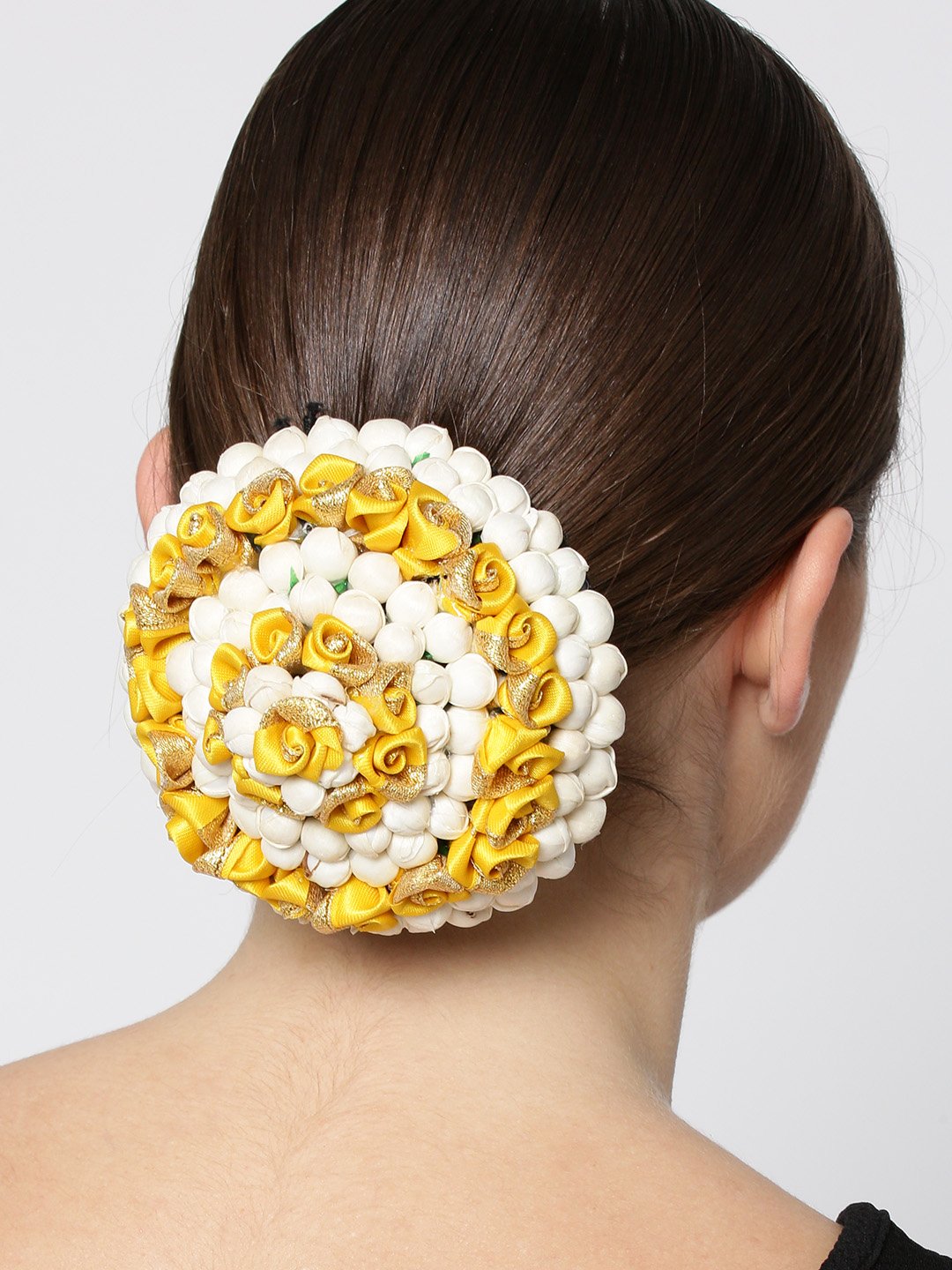 Artificial Yellow Rose And Off-White Buds Bun maker Hair Accessories