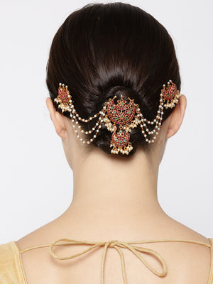 Chand Dilkashi-Red & Green Gold-Plated Kemp Stones Hair Bun Pin With Pearls Chain