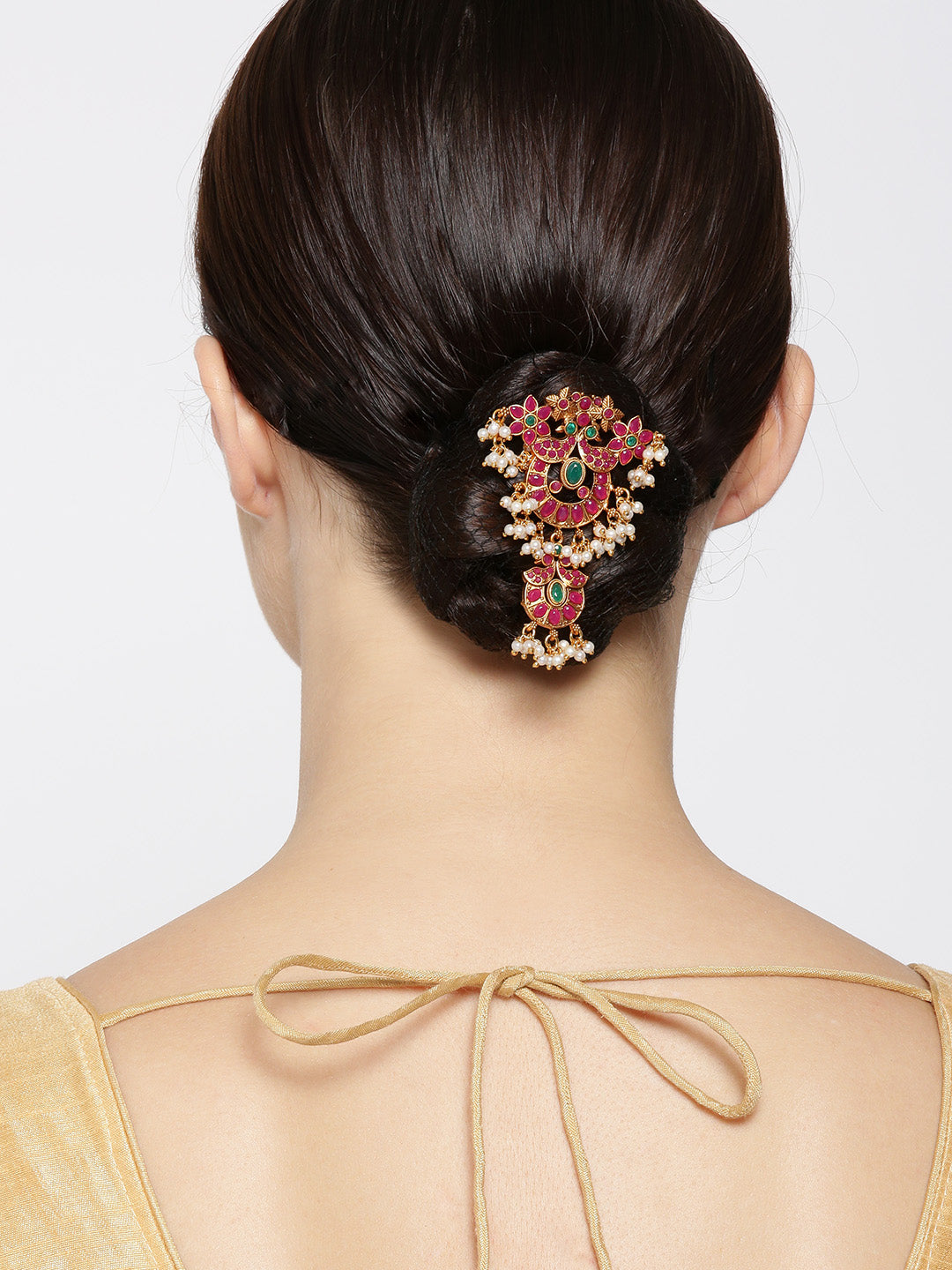 Red & Green Gold-Plated Kemp Stone Floral Hair Bun Pin With Pearls Chain