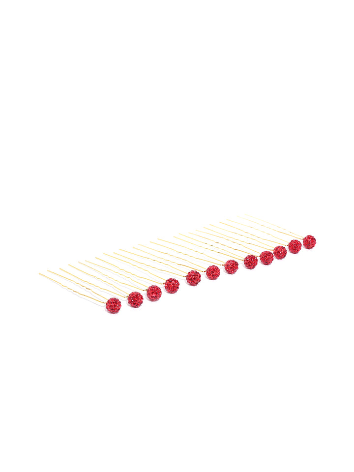 Set Of 12 Gold-Plated Sparkling Red Colour Juda Hair Pins