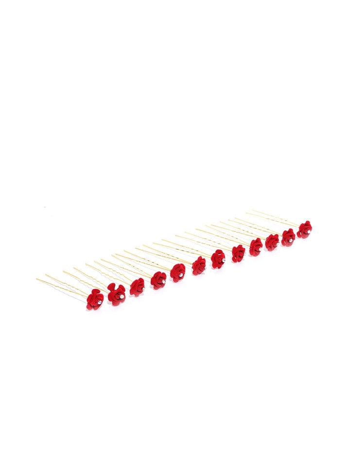 Set Of 12 Gold-Plated Red Rose Design Juda Hair Pins