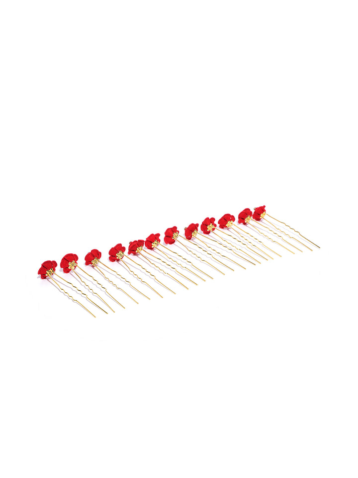 Set Of 12 Gold-Plated Red Rose Design Juda Hair Pins