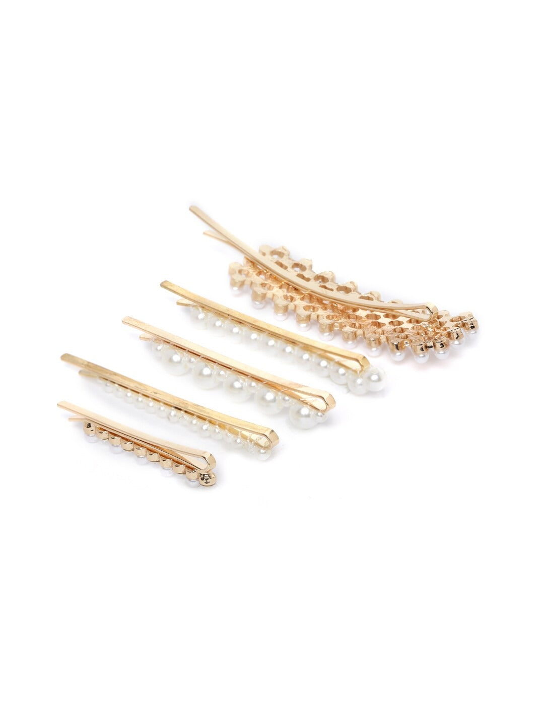 Set Of 5 Gold Plated White Beaded Hair Clips For Women And Girls