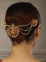 Multi-Color Kemp Stones Pearls Gold Plated Peacock Bun Hair Accessories