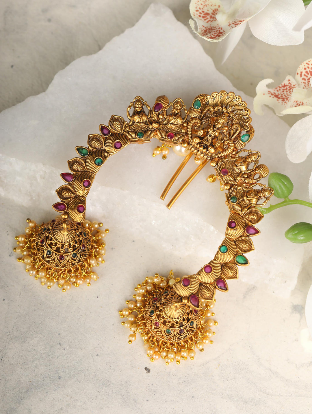 Multi-Color Ruby Emerald Gold Plated Temple Delight Bun Hair Accessories
