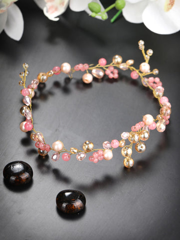 Pink Brown Pearls Crystal Gold Plated Tiara Hair Accessory