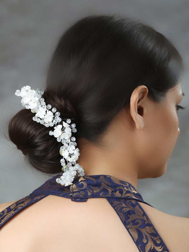 White Crystal Silver Plated Floral Bun Hair Accessory