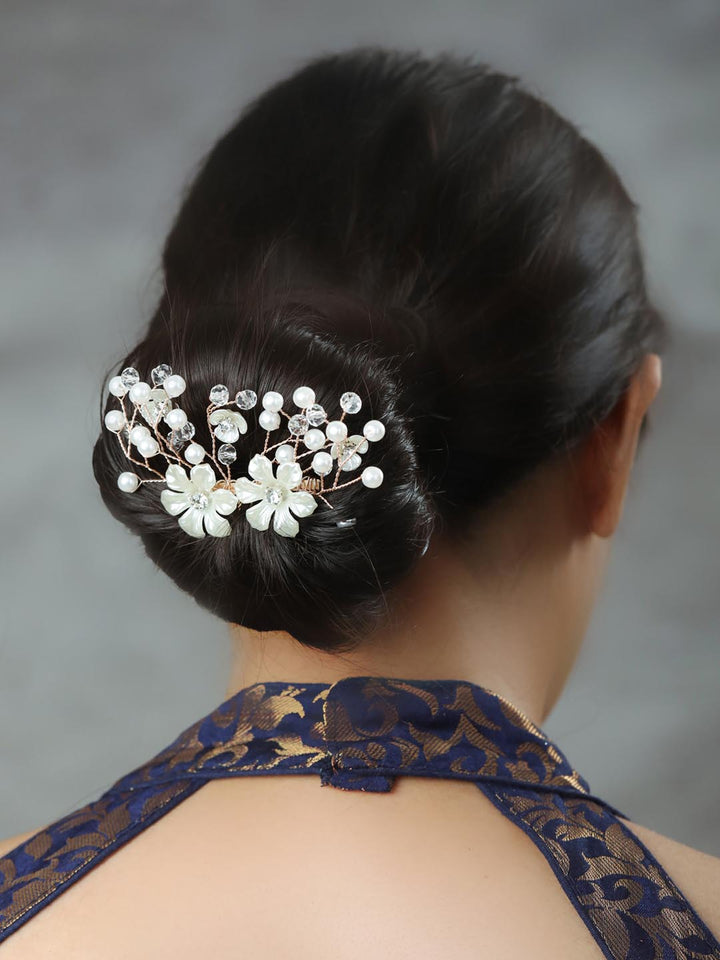 White Pearls Crystal Gold Plated Floral Hair Pin