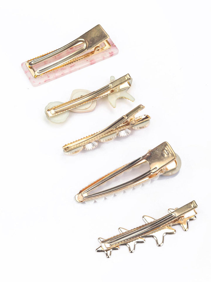 Multi-Color Pearls Gold Plated Set of 5 Alligator Hair Clip