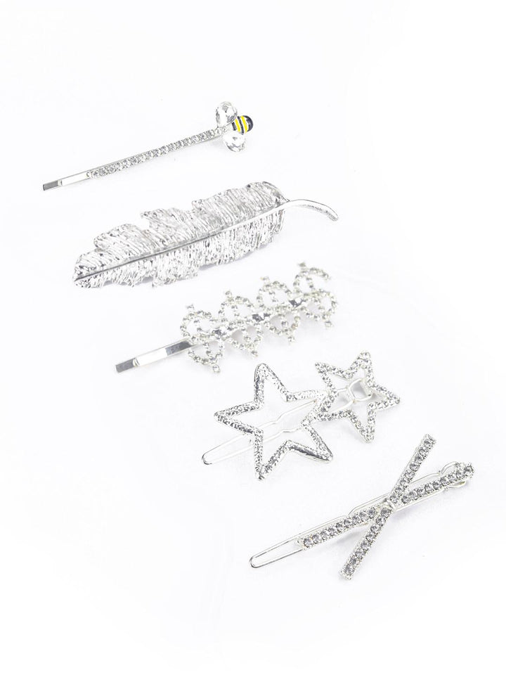 Multi-Color Stones Crystal Silver Plated Set of 5 Alligator Hair Clip