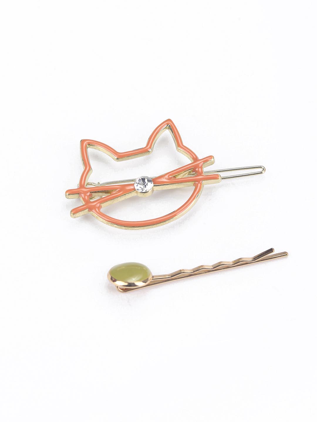 Orange Green Stones Studded Gold Plated Hair Pin