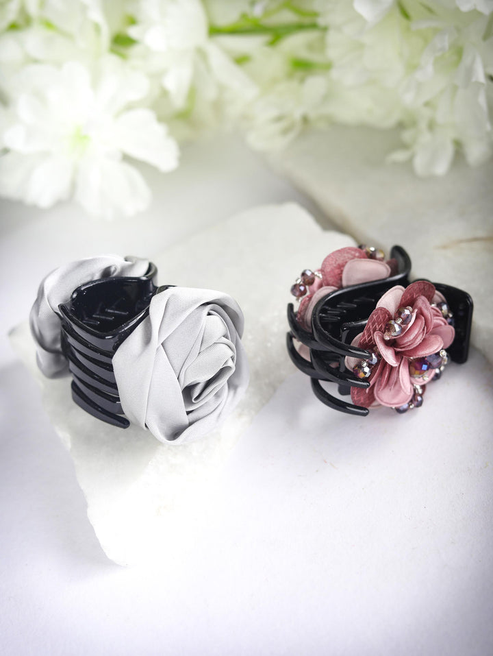 Pink Grey Plastic Set of 2 Floral Claw Clip Hair Accessories