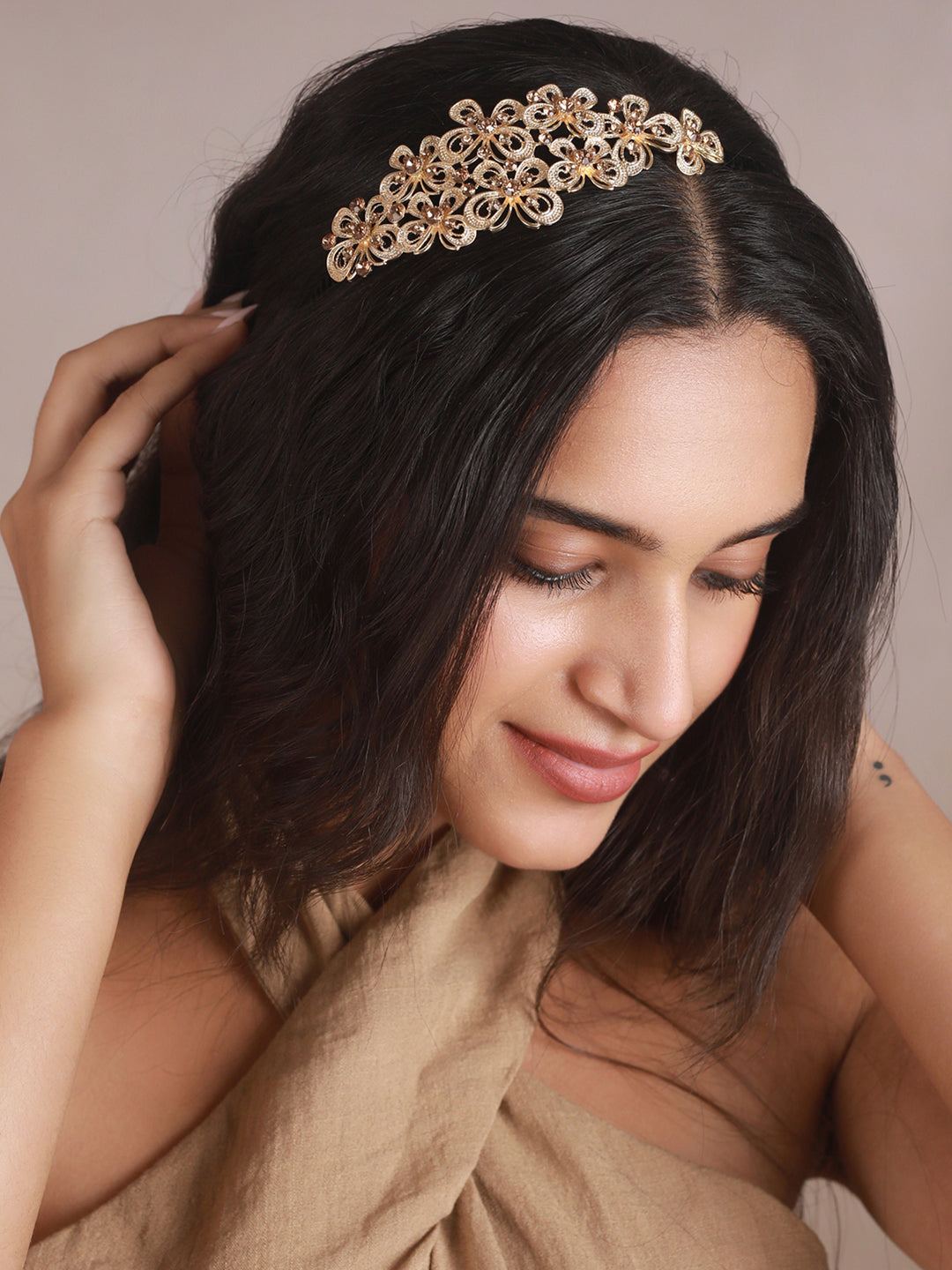 Priyaasi Brown Stone Studded Gold-Plated Butterfly Hair Band