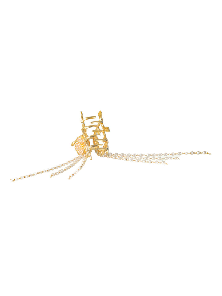 Priyaasi Floral Pearl Tasseled Gold-Plated Claw Clip
