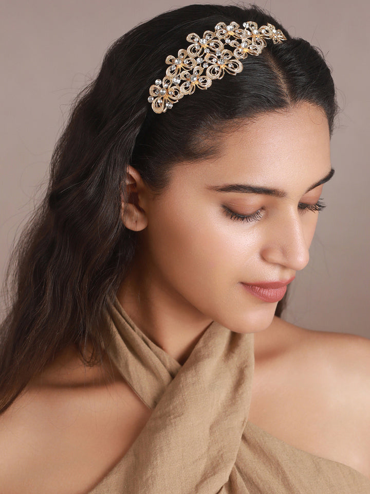 Priyaasi White Stone Studded Gold-Plated Butterfly Hair Band